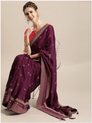 Purple Silk Blend Embroidered Saree with Blouse